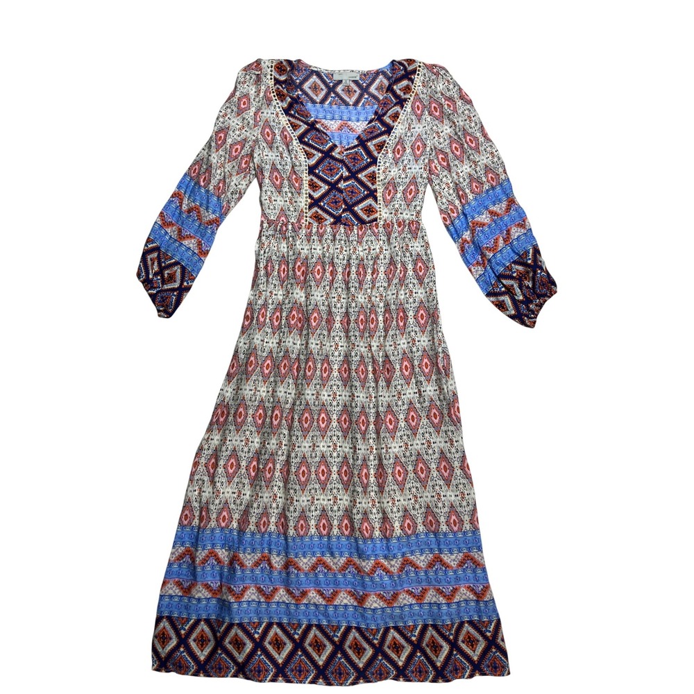 LUUKSE Bohemian Maxi Dress Geometric‎ Print Long Sleeve V Neck Women Size M